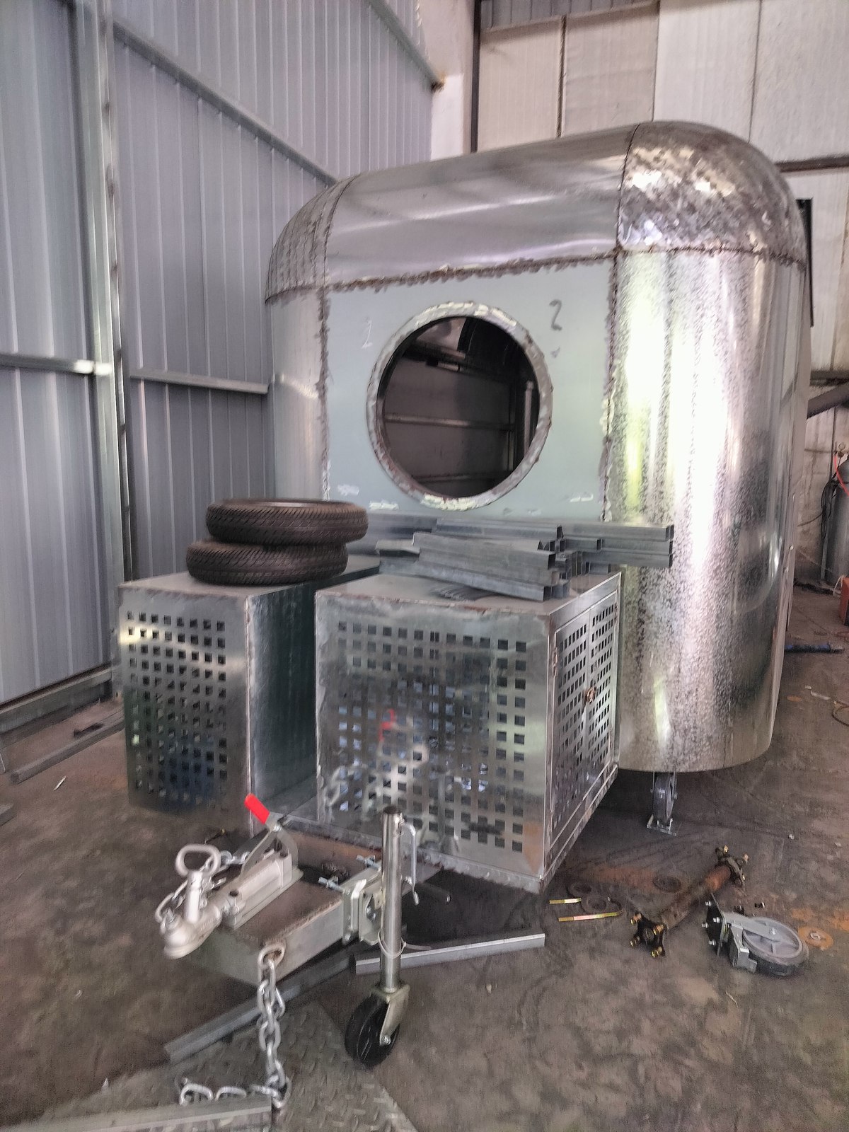 The rounded trailer shell taking shape inside our workshop