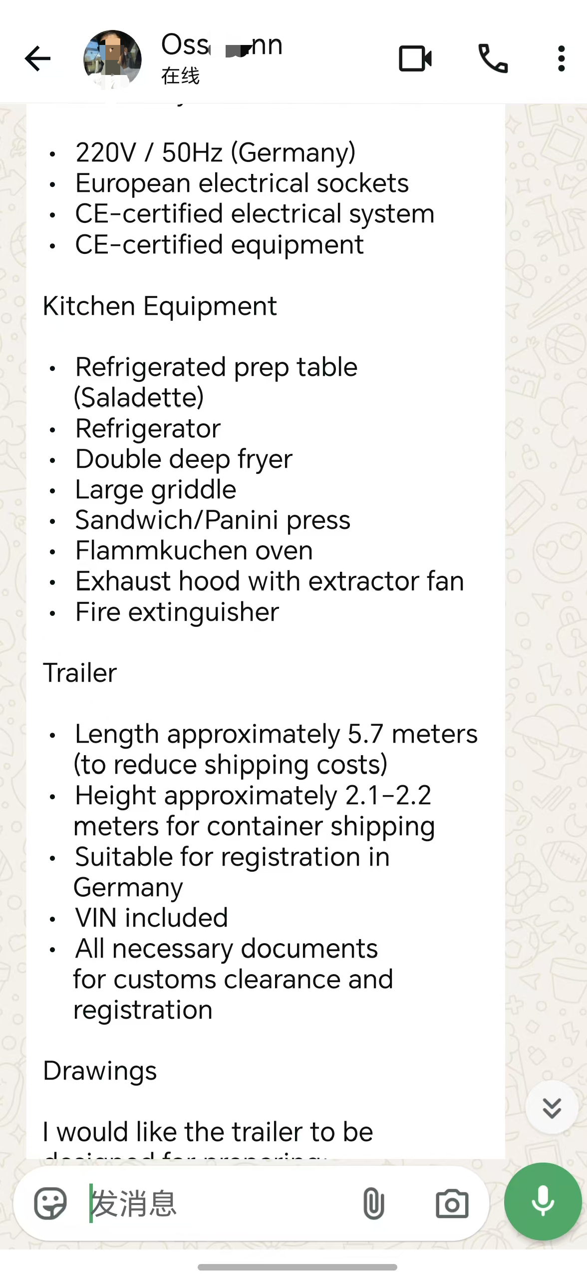 Customer sharing food trailer requirements by WhatsApp