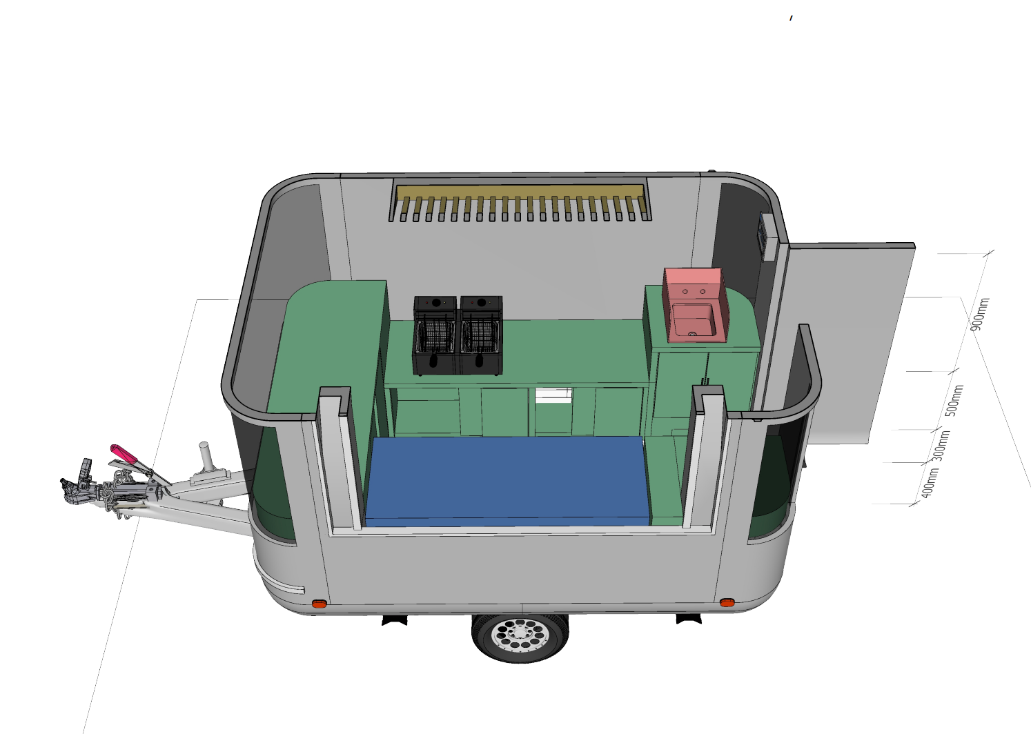 Three-dimensional custom food trailer kitchen drawing