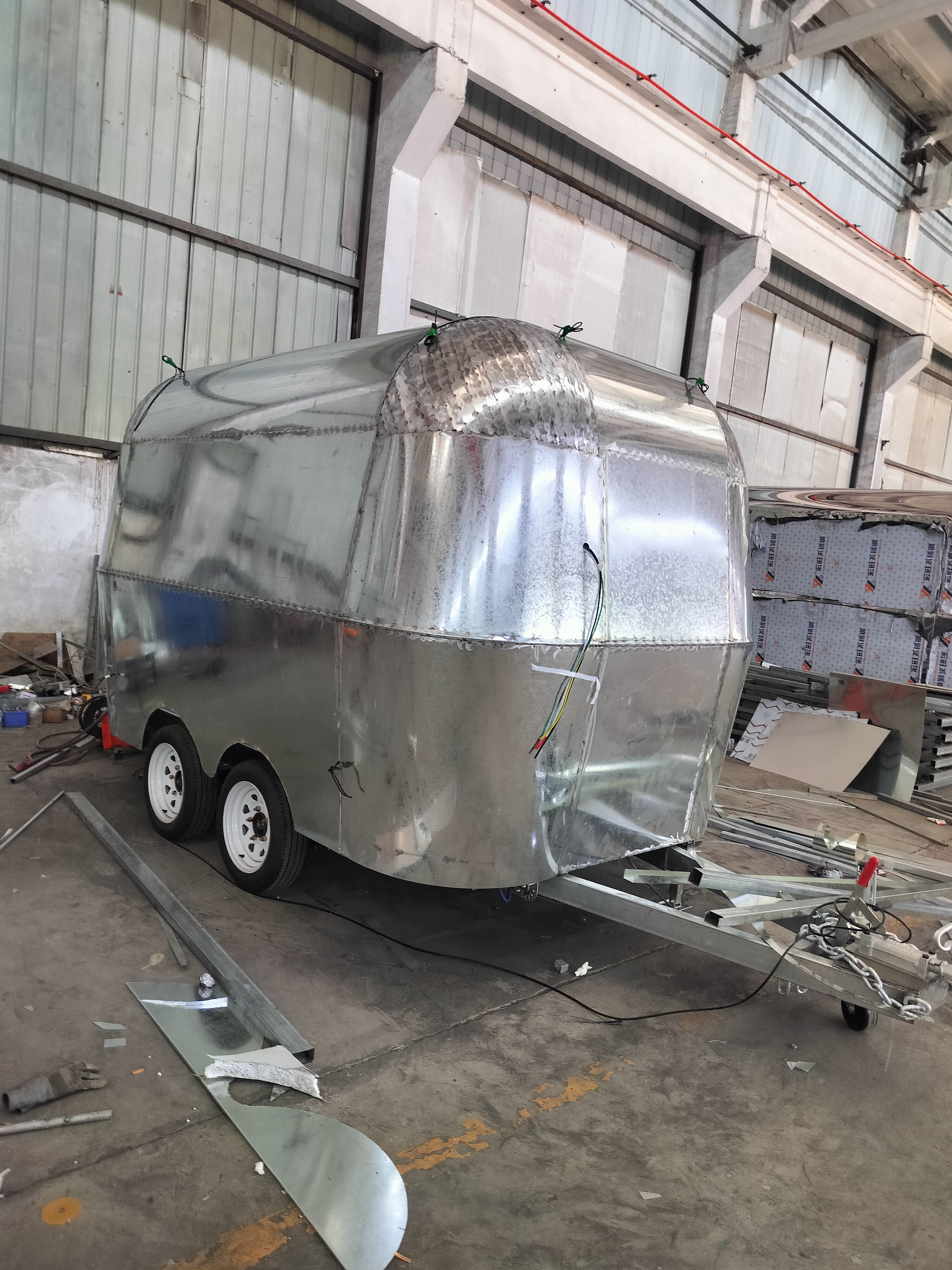 Custom food trailer body under production in the factory