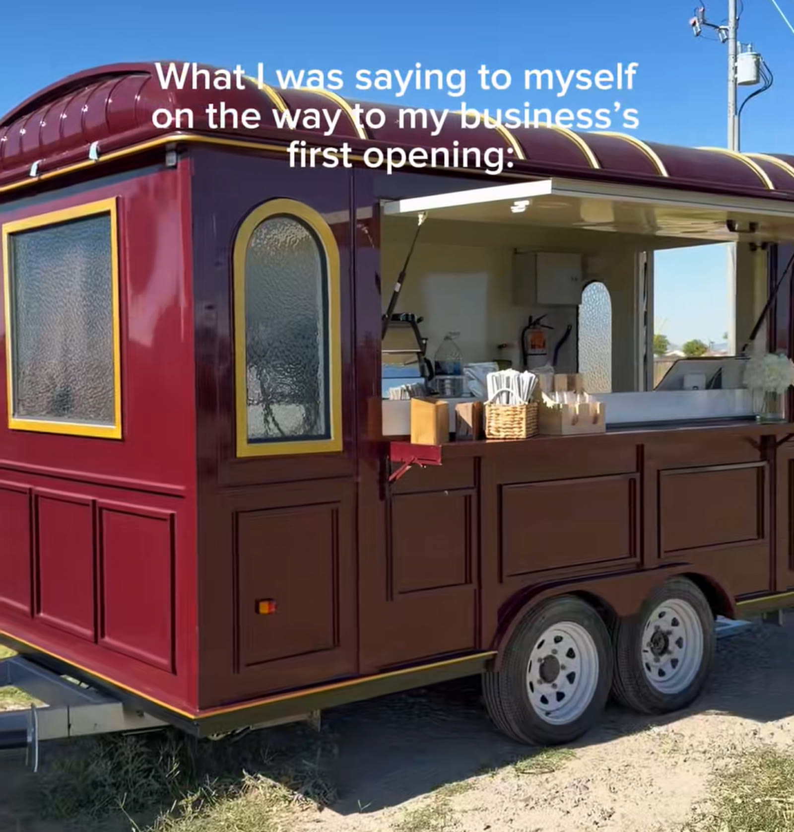 Customer's food trailer open and equipped for its first day of business
